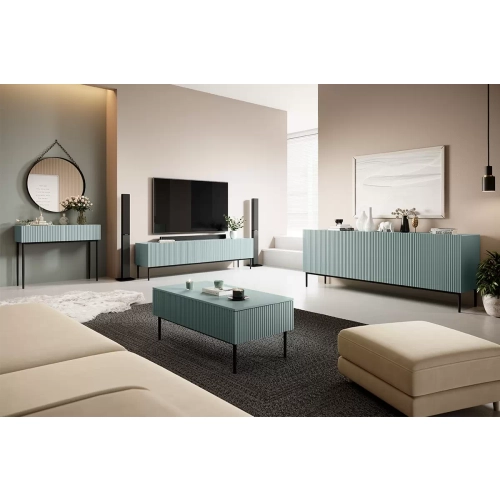 Komoda Nicole 200 cm z ryflowanym frontem i metalowymi nogami- szałwia / czarne nóżki - Limitowana oferta